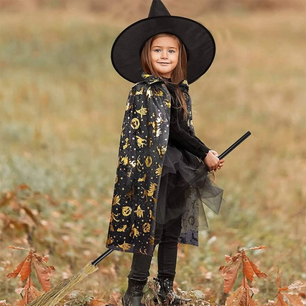 STRÓJ CZAROWNICY KOSTIUM NA HALLOWEEN CZAROWNICA PELERYNA KAPELUSZ + MIOTŁA