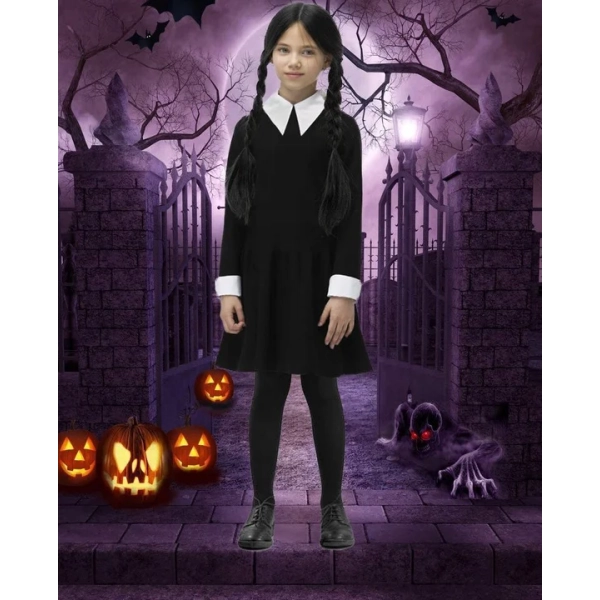 SUKIENKA WEDNESDAY ADDAMS PERUKA STRÓJ NA BAL PRZEBIERAŃCÓW + BALON