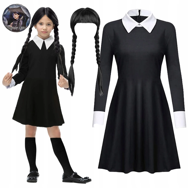SUKIENKA WEDNESDAY ADDAMS PERUKA STRÓJ NA BAL PRZEBIERAŃCÓW + BALON
