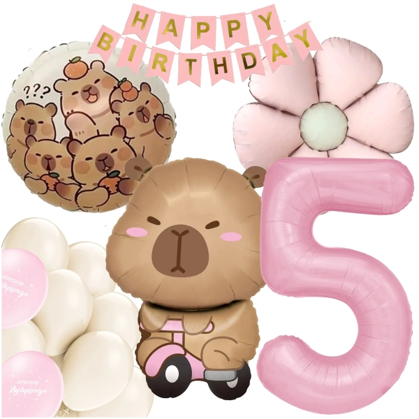 ZESTAW BALONÓW KAPIBARA KWIATEK CYFRA 5