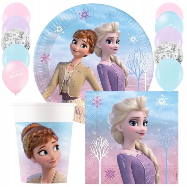 ZESTAW NA URODZINY FROZEN 2 ELSA TALERZYKI KUBKI BALONY PARTY KRAINA LODU