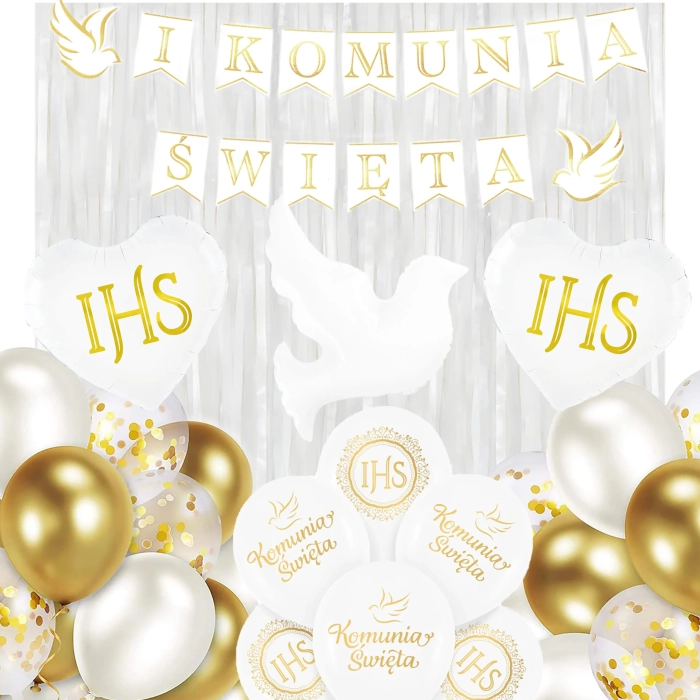 BALONY KOMUNIA ŚWIĘTA ZESTAW DEKORACJI GIRLANDA BALONY KOMUNIJNE IHS GOŁĄB