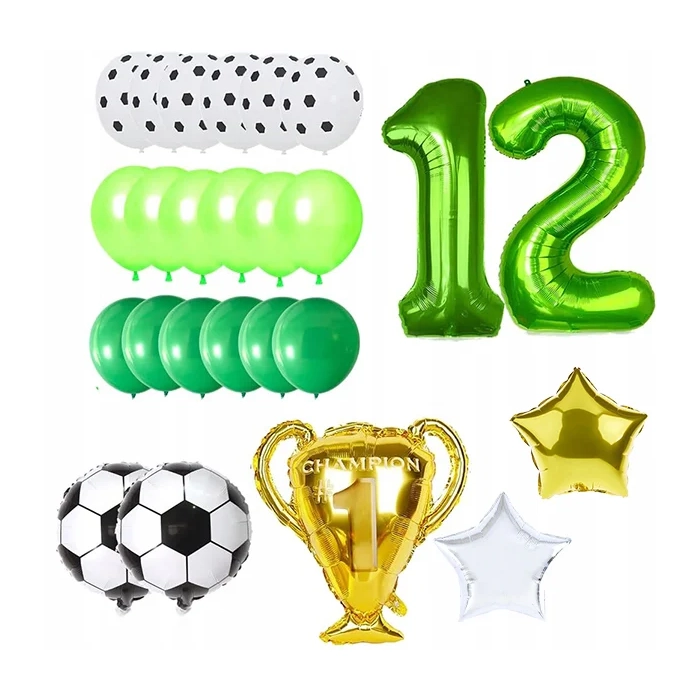 BALONY URODZINOWE PIŁKA NOŻNA BALON CYFRA 12 ZESTAW BALONÓW PARTY PUCHAR