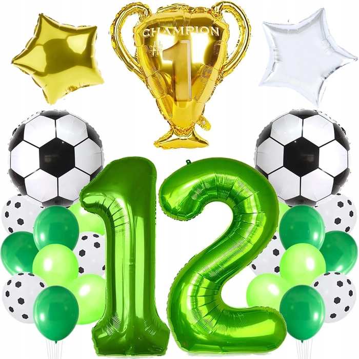 BALONY URODZINOWE PIŁKA NOŻNA BALON CYFRA 12 ZESTAW BALONÓW PARTY PUCHAR