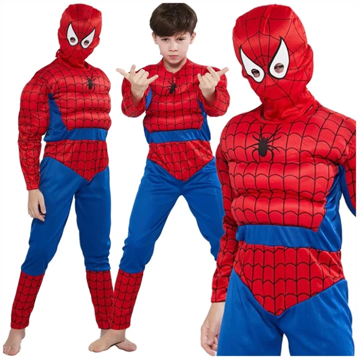 SPIDERMAN STRÓJ KARNAWAŁOWY PRZEBRANIE MIĘŚNIE MASKA + WYRZUTNIA