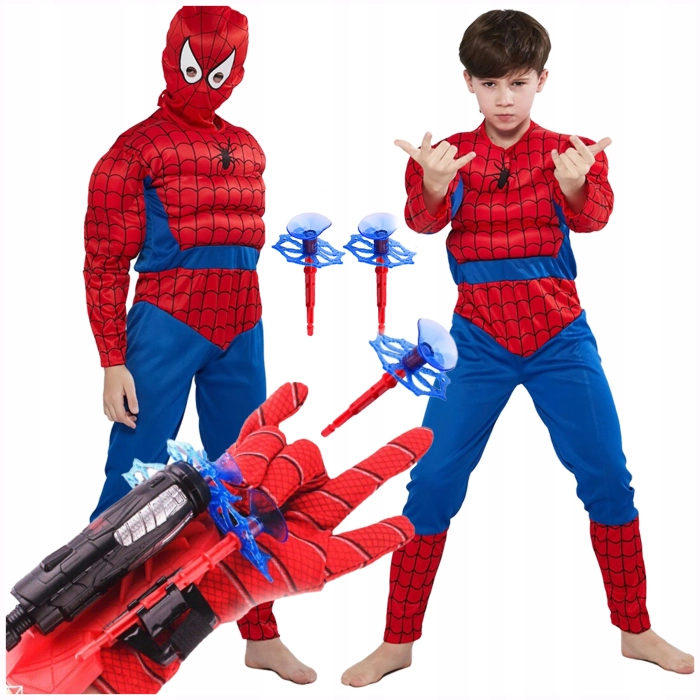 SPIDERMAN STRÓJ KARNAWAŁOWY PRZEBRANIE MIĘŚNIE MASKA + WYRZUTNIA