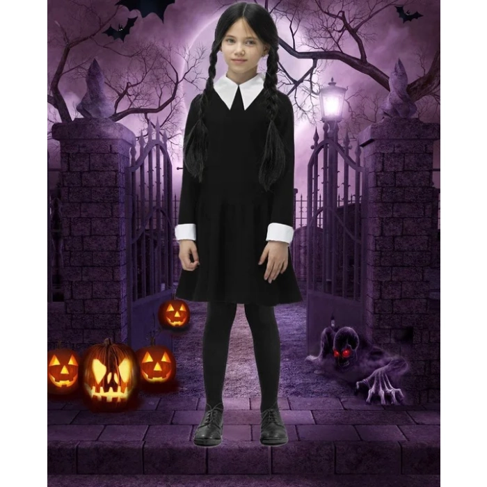 SUKIENKA WEDNESDAY ADDAMS PERUKA STRÓJ NA BAL PRZEBIERAŃCÓW + BALON