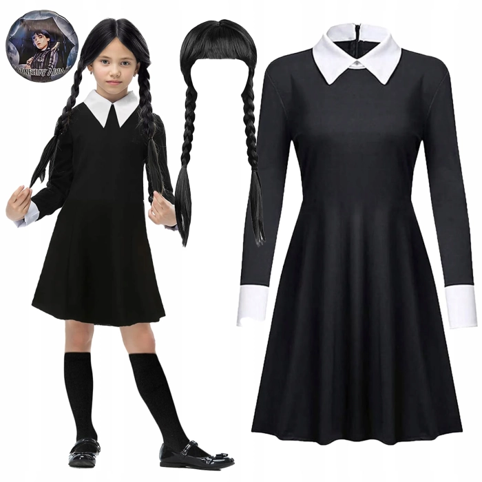 SUKIENKA WEDNESDAY ADDAMS PERUKA STRÓJ NA BAL PRZEBIERAŃCÓW + BALON