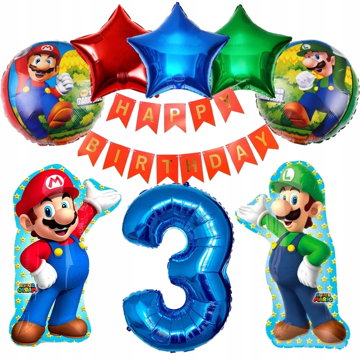 ZESTAW BALONÓW FOLIOWYCH SUPER MARIO I LUIGI NA 3 URODZINY
