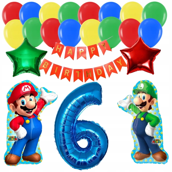 ZESTAW BALONÓW URODZINOWYCH  SUPER MARIO LUIGI BALON CYFRA 6