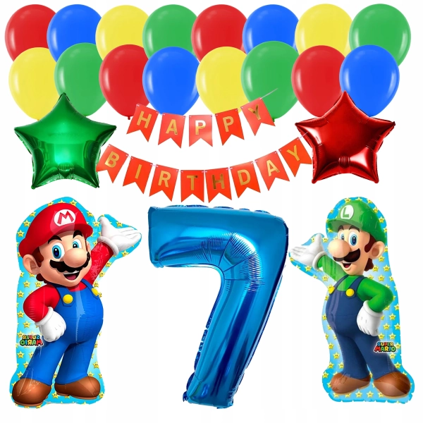 ZESTAW BALONÓW URODZINOWYCH  SUPER MARIO LUIGI BALON CYFRA 7