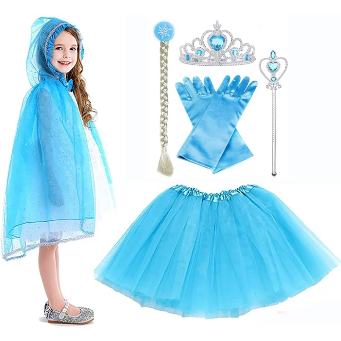 STRÓJ ELSA ZESTAW 5W1 KORONA PELERYNKA TUTU NA BAL