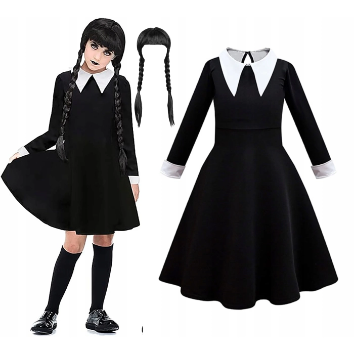 STRÓJ SUKIENKA WEDNESDAY ADDAMS PERUKA