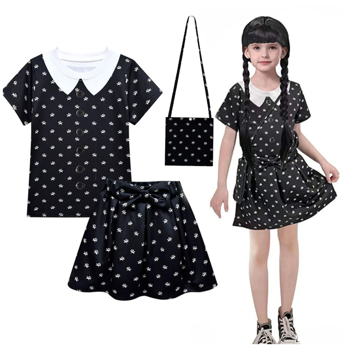 STRÓJ WEDNESDAY ADDAMS BLUZKA SPÓDNICA TOREBKA PRZEBRANIE ZESTAW