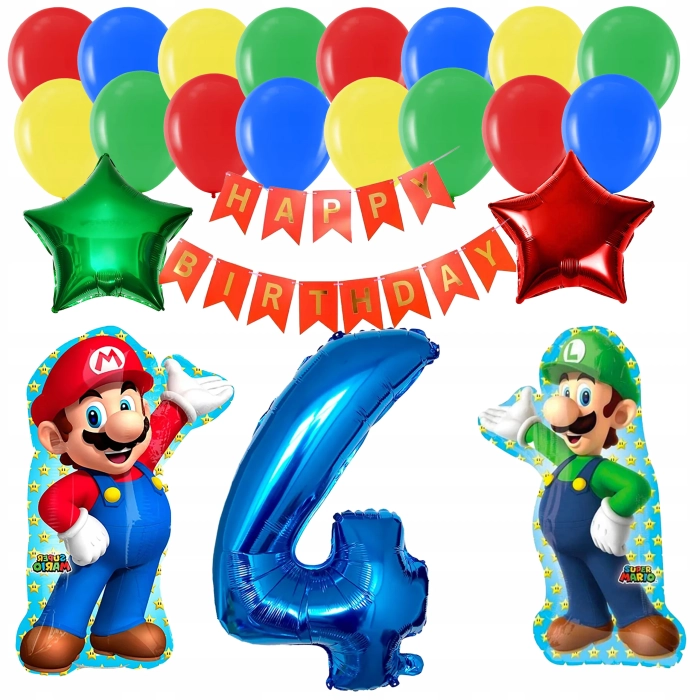 ZESTAW BALONÓW URODZINOWYCH SUPER MARIO LUIGI BALON CYFRA 4