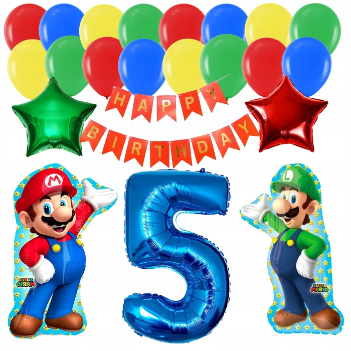 ZESTAW BALONÓW URODZINOWYCH SUPER MARIO LUIGI BALON CYFRA 5