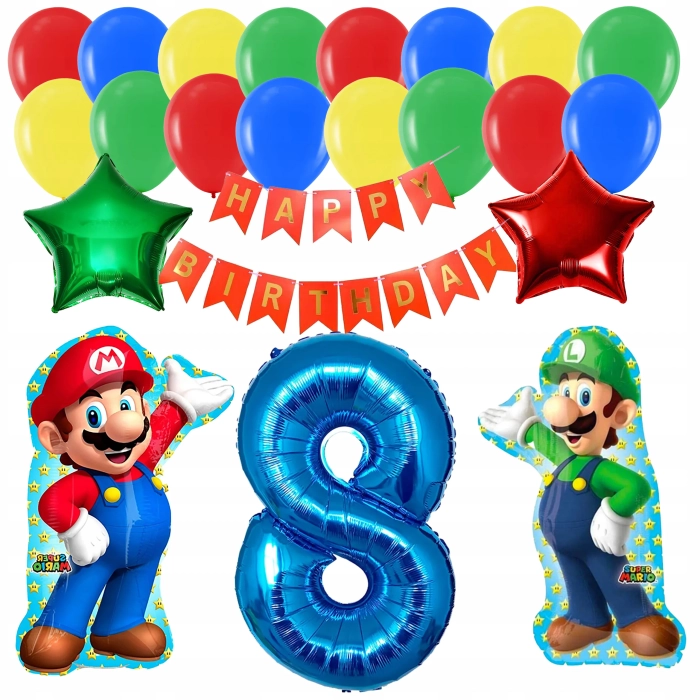 ZESTAW BALONÓW URODZINOWYCH SUPER MARIO LUIGI BALON CYFRA 8