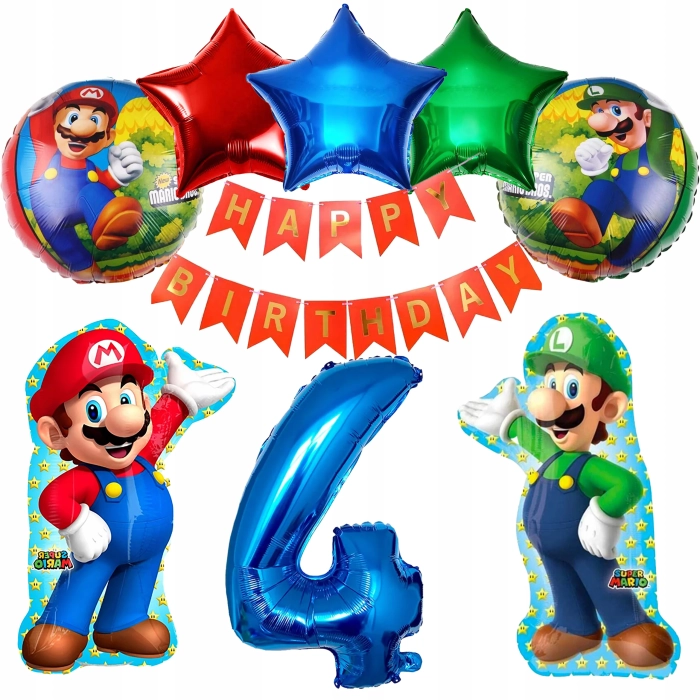 ZESTAW BALONÓW FOLIOWYCH SUPER MARIO I LUIGI NA 4 URODZINY