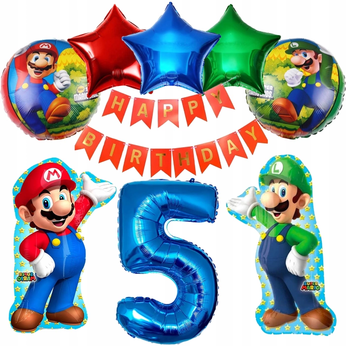 ZESTAW BALONÓW FOLIOWYCH SUPER MARIO I LUIGI NA 5 URODZINY
