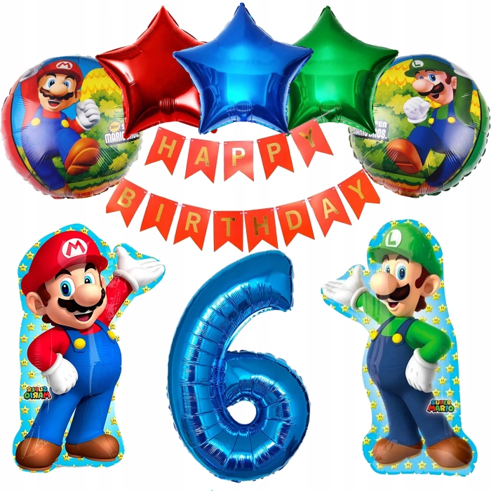 ZESTAW BALONÓW FOLIOWYCH SUPER MARIO I LUIGI NA 6 URODZINY