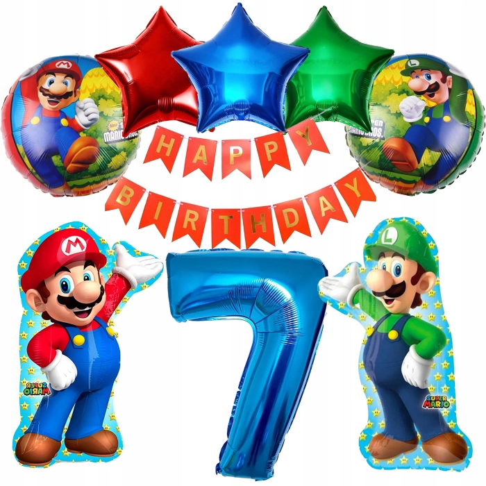 ZESTAW BALONÓW FOLIOWYCH SUPER MARIO I LUIGI NA 7 URODZINY