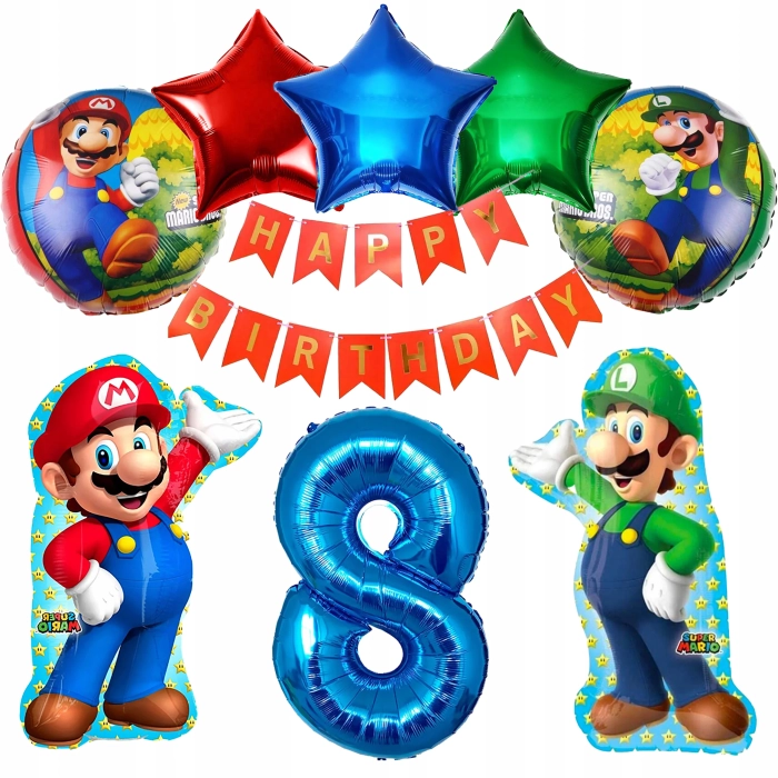 ZESTAW BALONÓW FOLIOWYCH SUPER MARIO I LUIGI NA 8 URODZINY